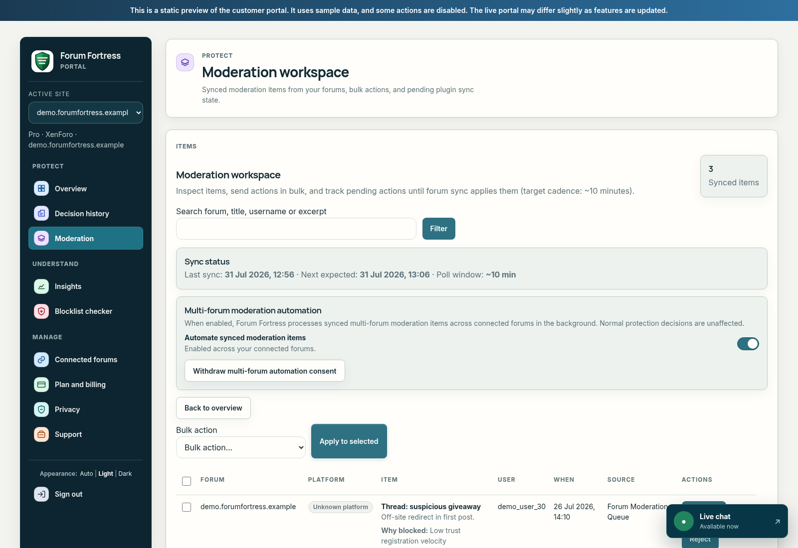 Forum Fortress Moderation workspace from the demo