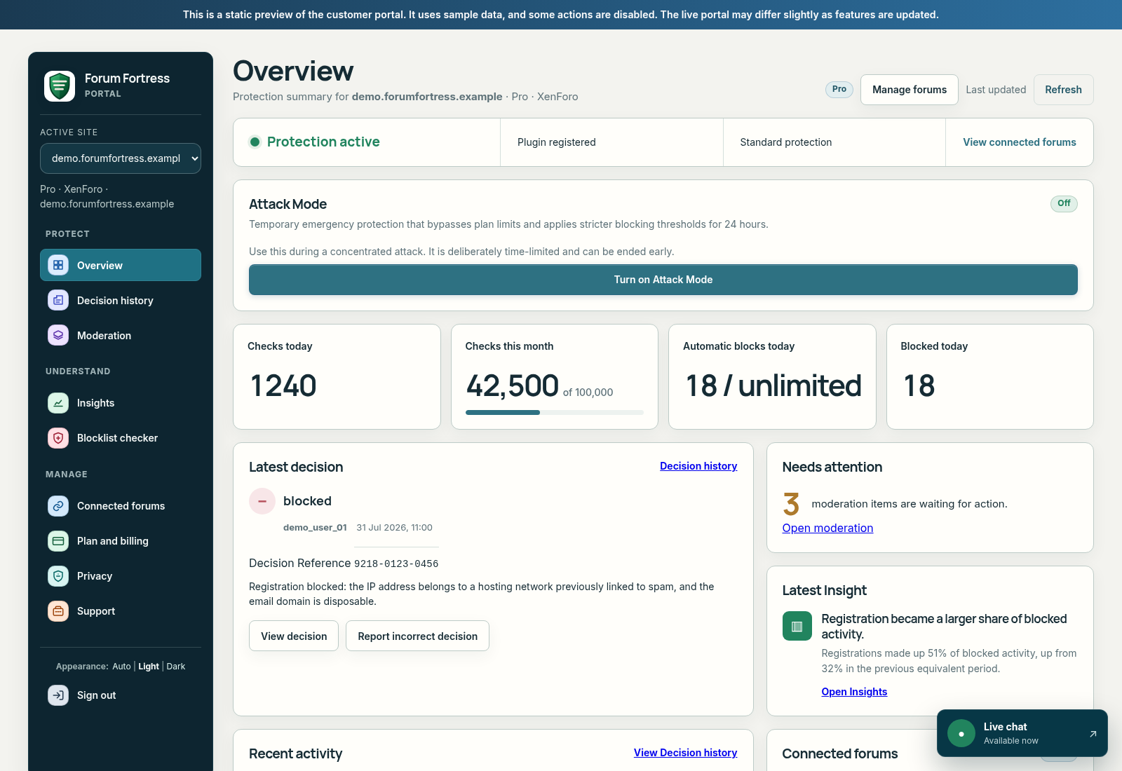 Forum Fortress portal Overview page from the demo