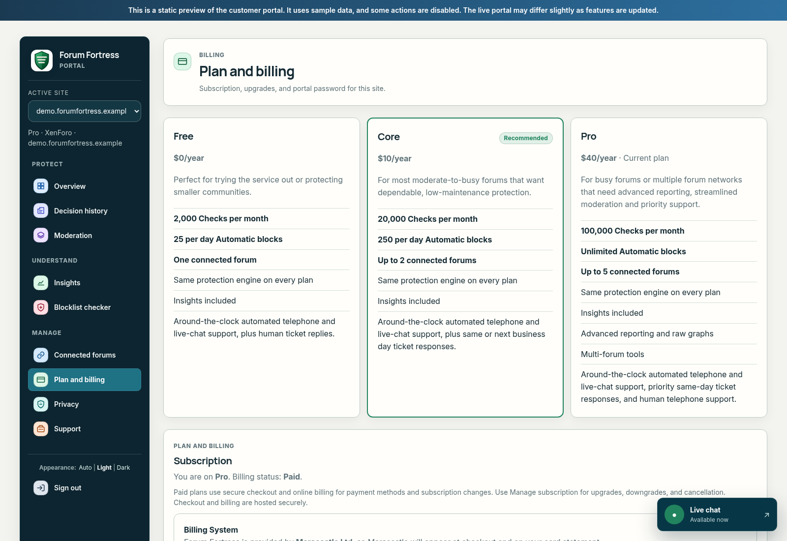 Forum Fortress Plan and billing page from the demo