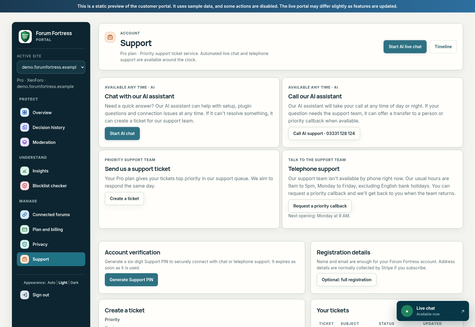 Forum Fortress Support page from the demo