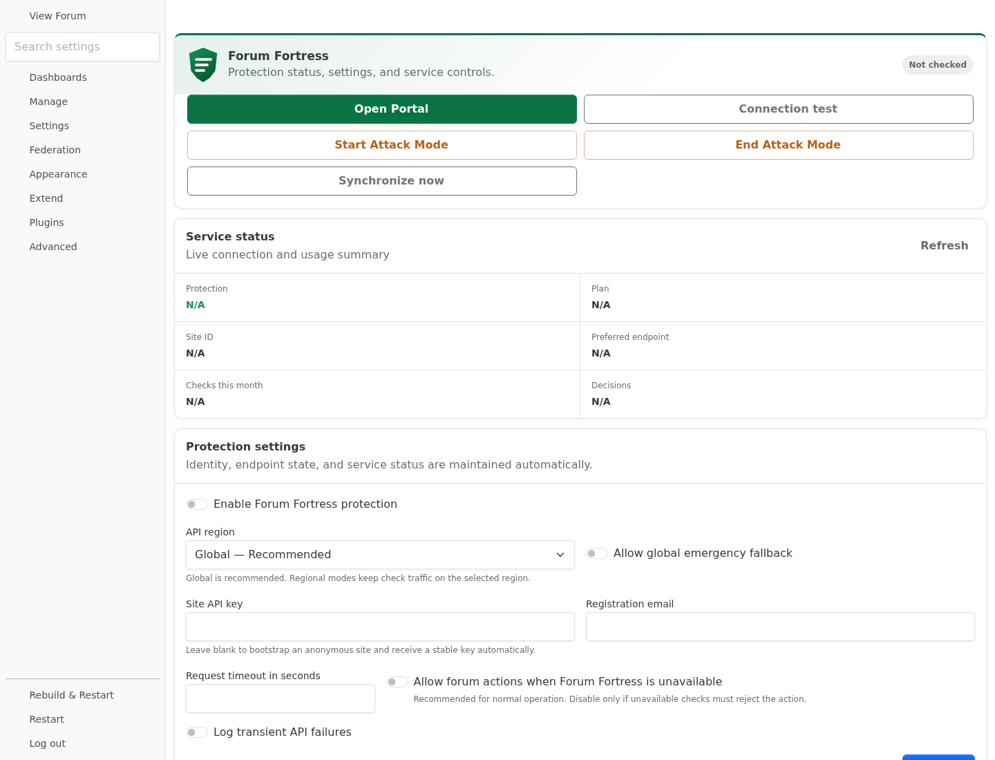 Forum Fortress settings in the NodeBB Admin Control Panel
